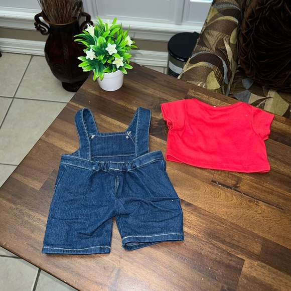 Build A Bear Overalls Dark Blue Denim with Red Shirt BABW - Picture 2 of 2